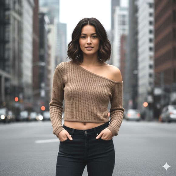 NWT Seven Wonders Brown S Ribbed Knit One Shoulder Crop Top Sweater - Picture 1 of 12